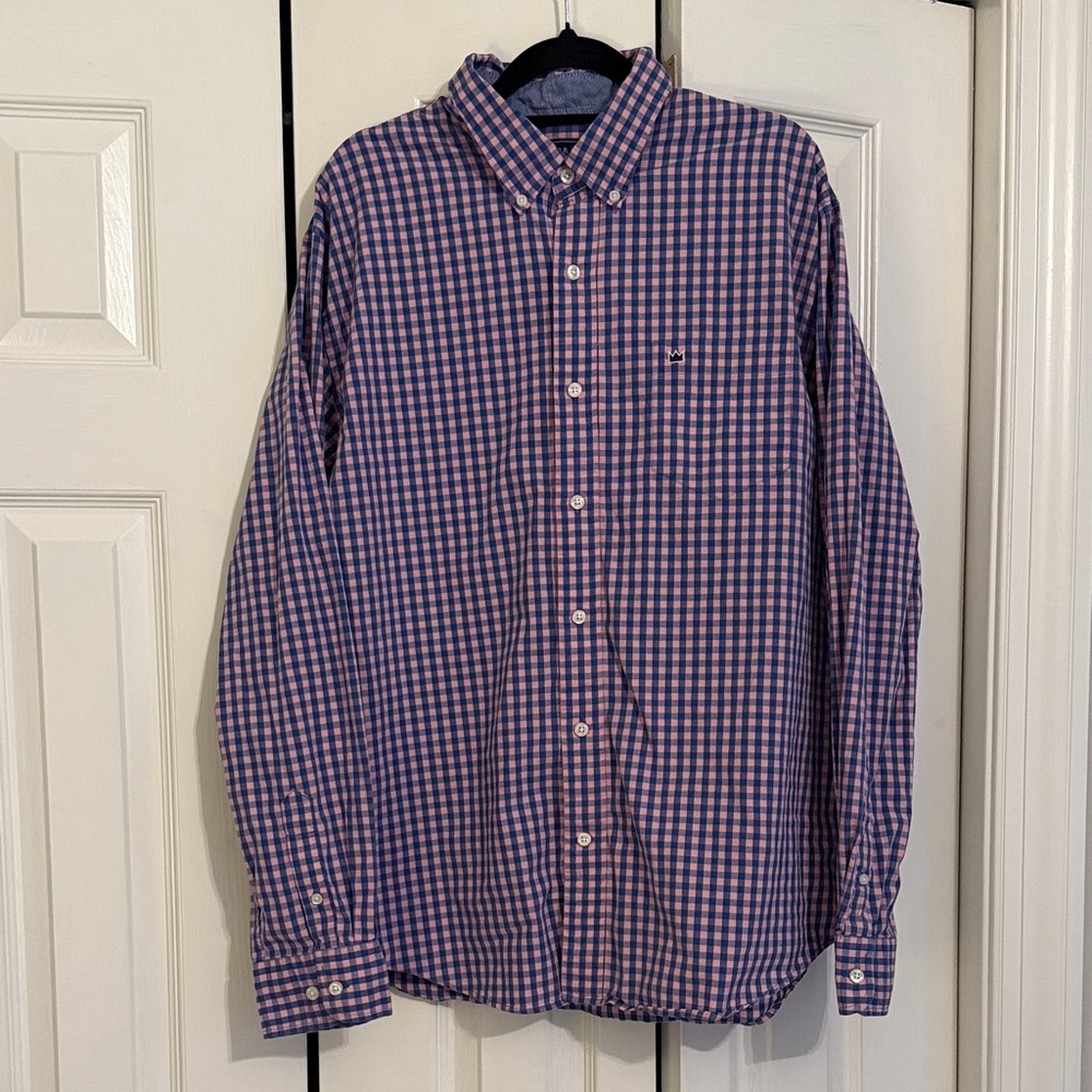 Crown & Ivy Blue and Pink Plaid Button Down Shirt